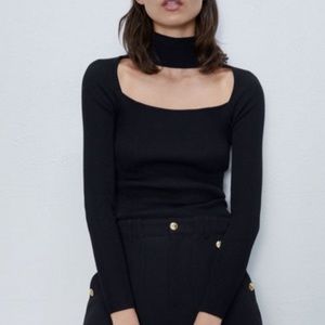 Zara black ribbed long sleeve turtleneck cut out top S